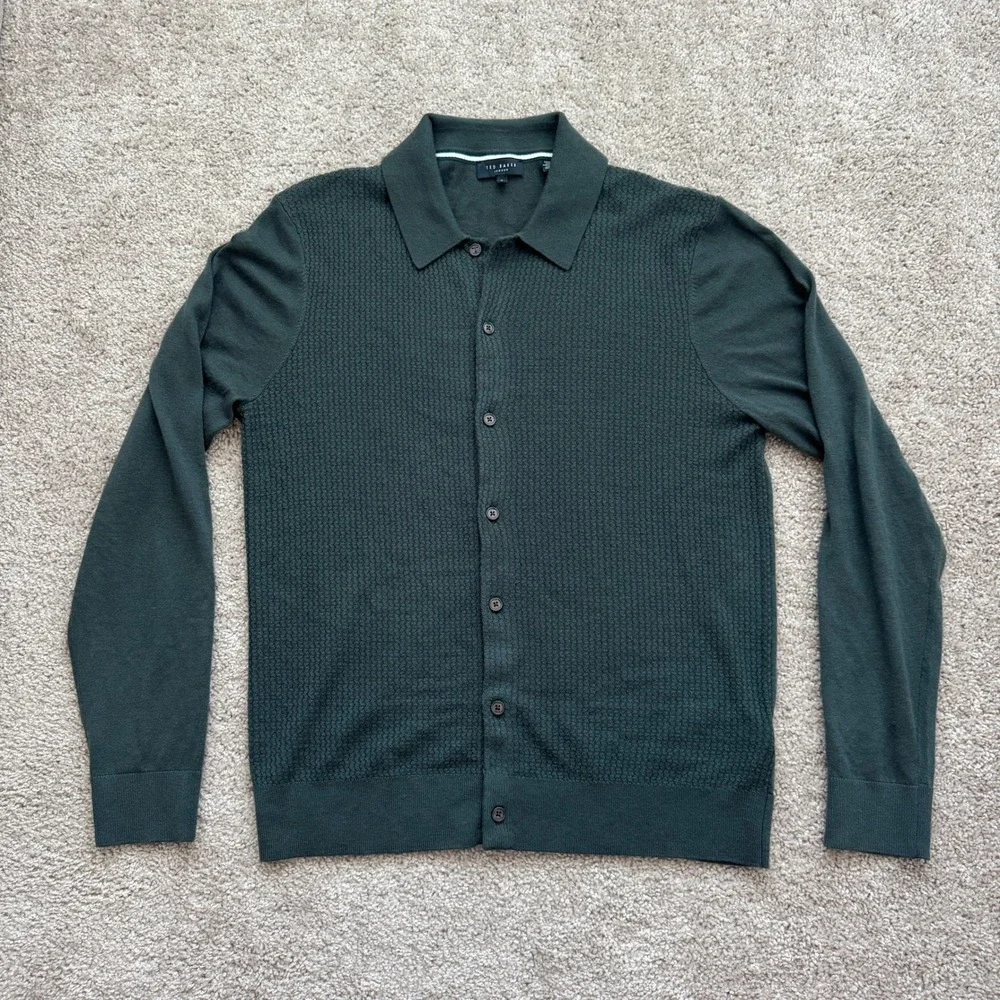 Ted Baker London Oidar Mens Green Textured Knit Button Down Polo Shirt Size 3 M